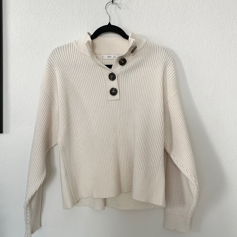 Mango MNG Cream Ribbed Quarter Button Sweater Oversized Minimalist Size L